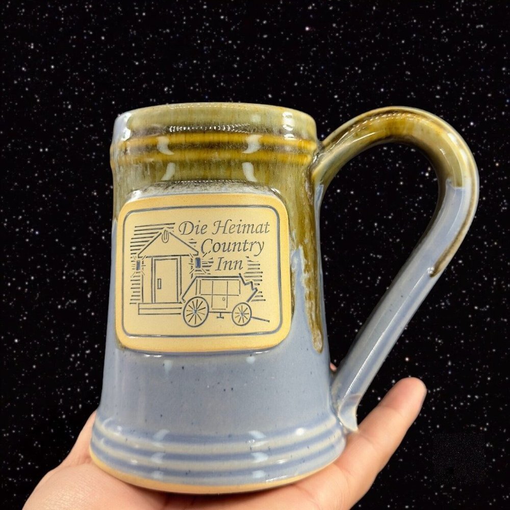 Grey Fox Pottery Coffee Cup Mug Die Heimat Country Inn Blue Green Drip Glaze Mug